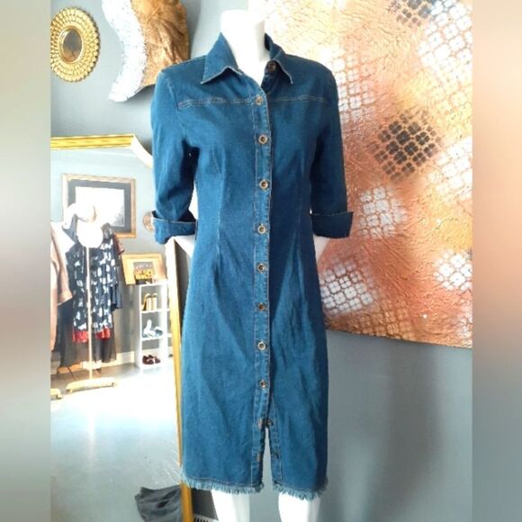Vintage Stretch Cotton Dark Wash Denim Midi Dress - Picture 1 of 16